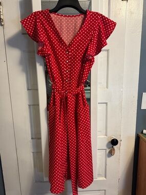 Red Polka Dot V-Neck Tie-Waist Dress